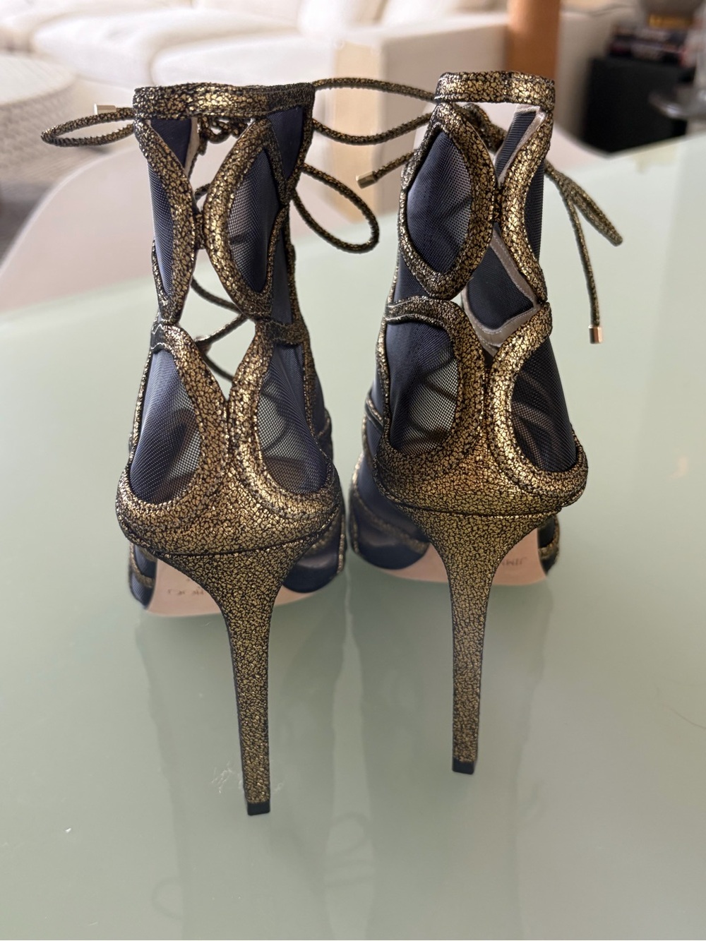 Jimmy Choo Gold Glitter Lace-Up Mesh Stiletto Sandals - Picture 4 of 8